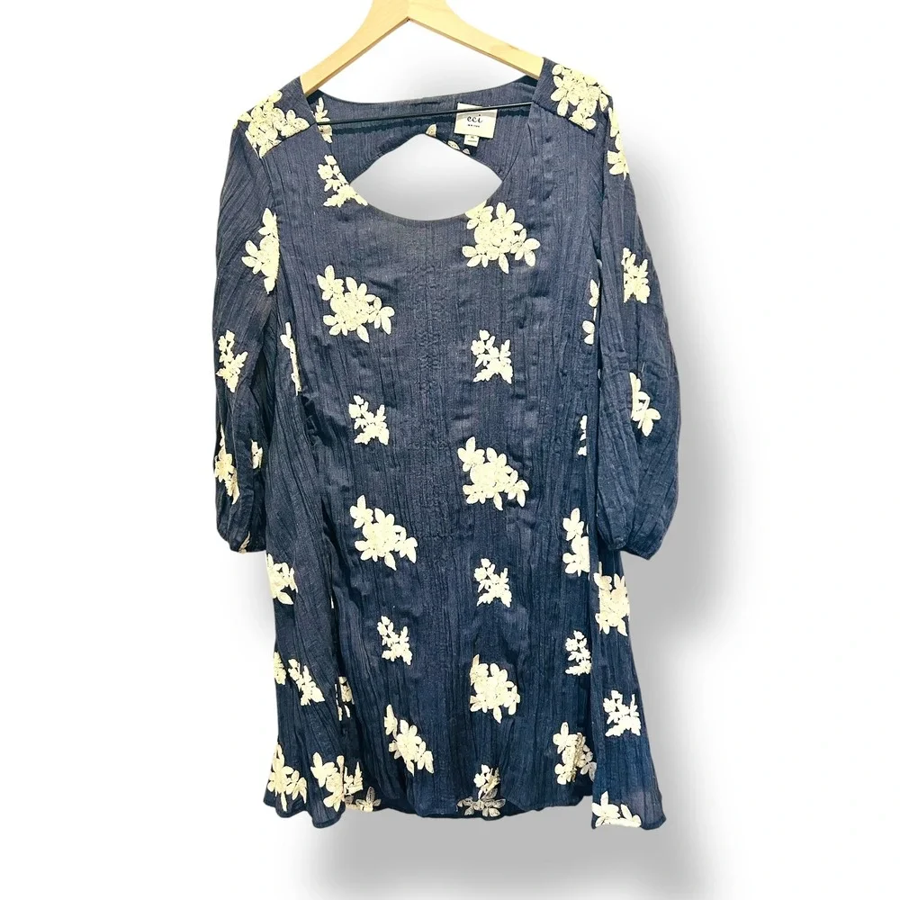 ECI New York Dress Blue Floral Embroidered Cutout Back Midi Women's XL